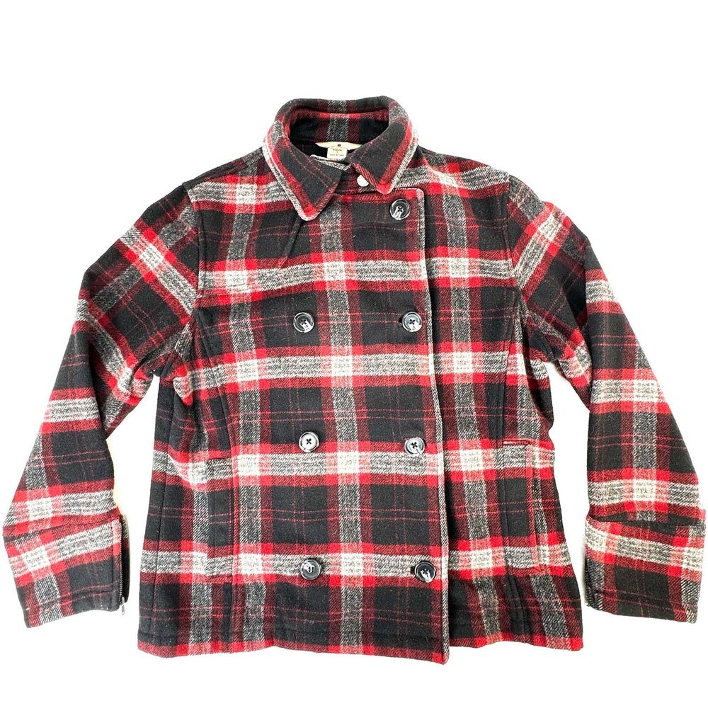 Woolrich Women's Size S 80% Wool Pea Coat Lined Double Breasted Plaid Black Red